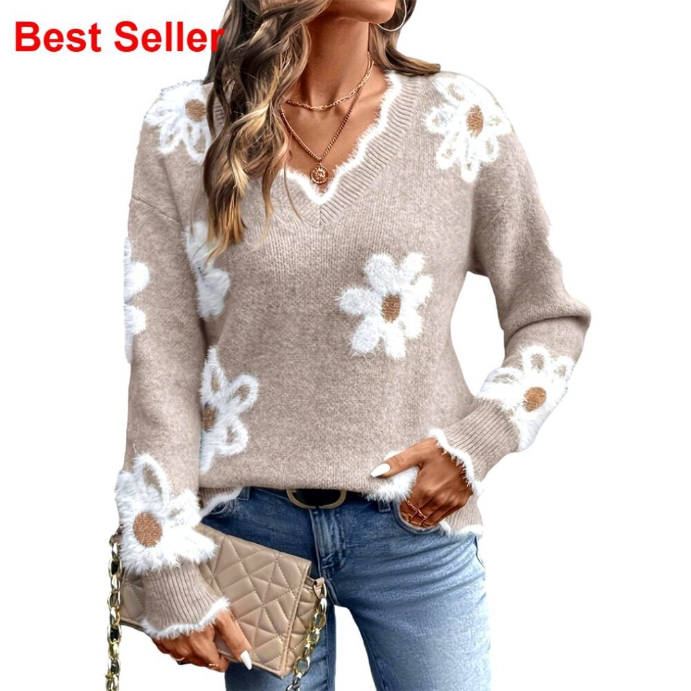 Long Sleeve V-Neck Ribbed Pullover Sweater Fuzzy Knit Floral Pattern